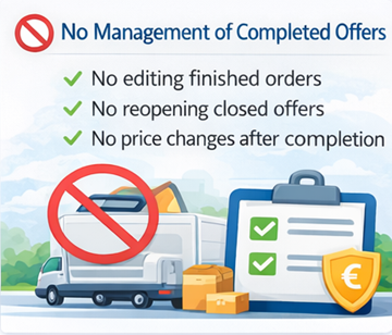 Illustration zeigt, dass Fahrer abgeschlossene Transportangebote auf ExusTrans nicht bearbeiten oder erneut öffnen können